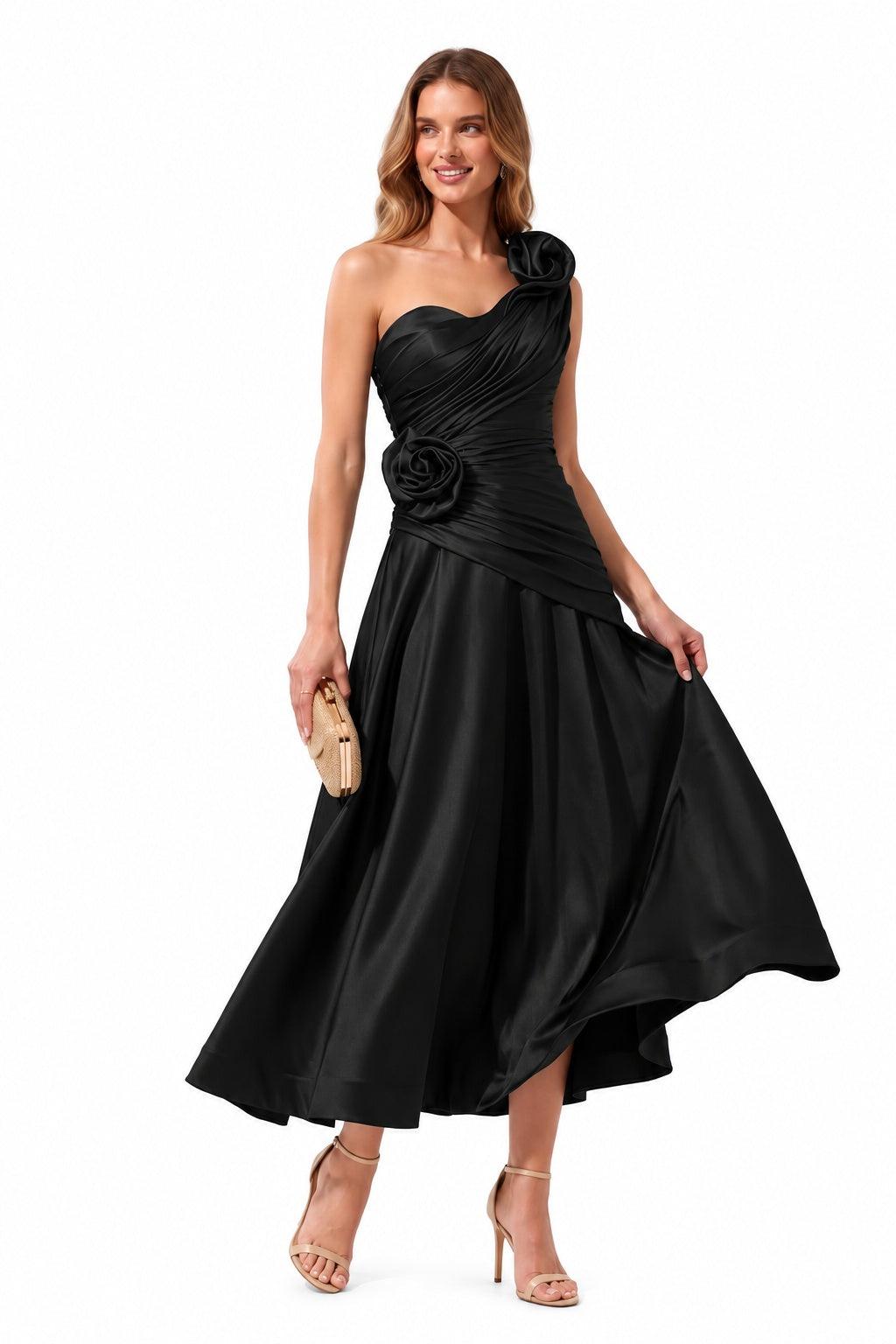 A-Line Ankle Length Satin Special Occasion Dress CS1099 - Black - COCOMELODY
